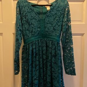 Altar’d State Green Lace Long-Sleeve Mini Dress